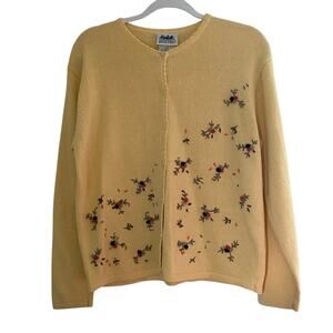 Vintage Knit Sweater Cardigan Northern Reflections Yellow Flower Womens Size Med